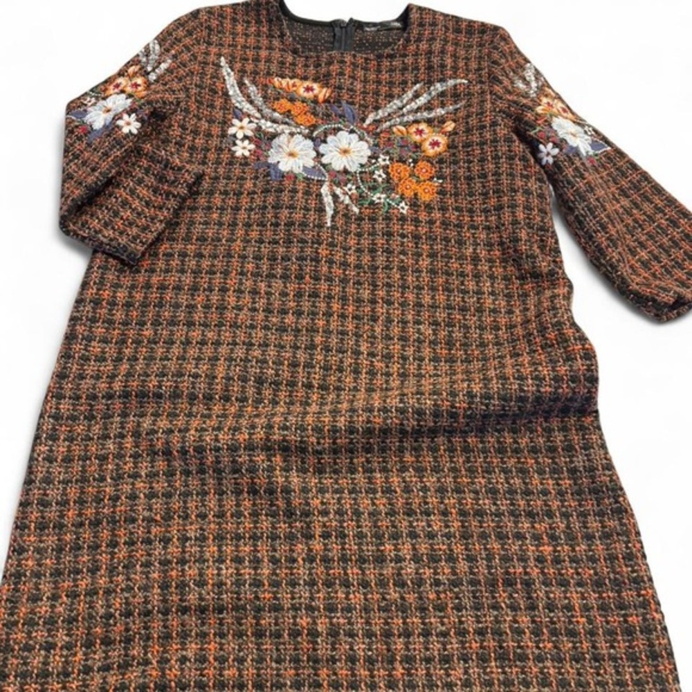 Zara- Orange/black/brown floral embroidered mini dress #minidress- size medium